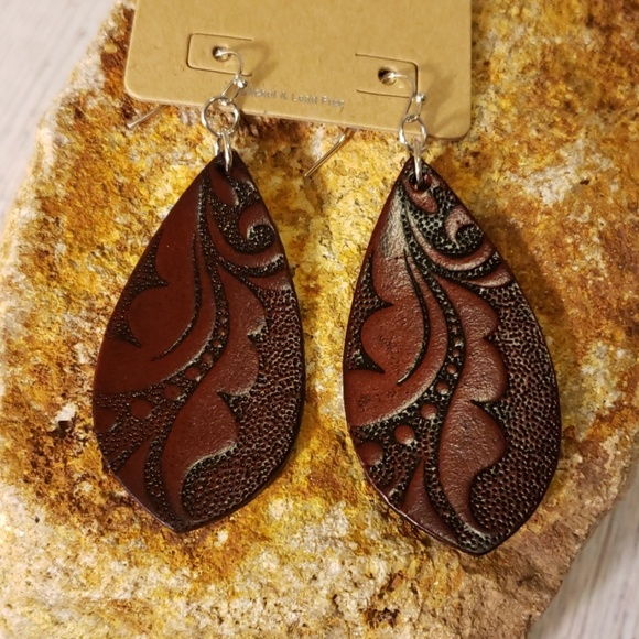 Boutique Jewelry - Elongated Tooled Leather Earrings